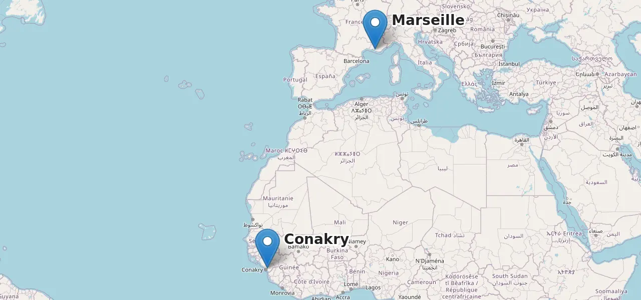 Carte de notre présence : Marseille (France) et Conakry (Guinée)